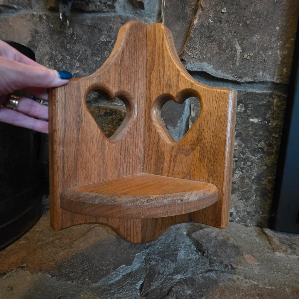 Vintage Oak Wood Corner Shelf Heart Cutouts Cottagecore Wall Mount Made in USA